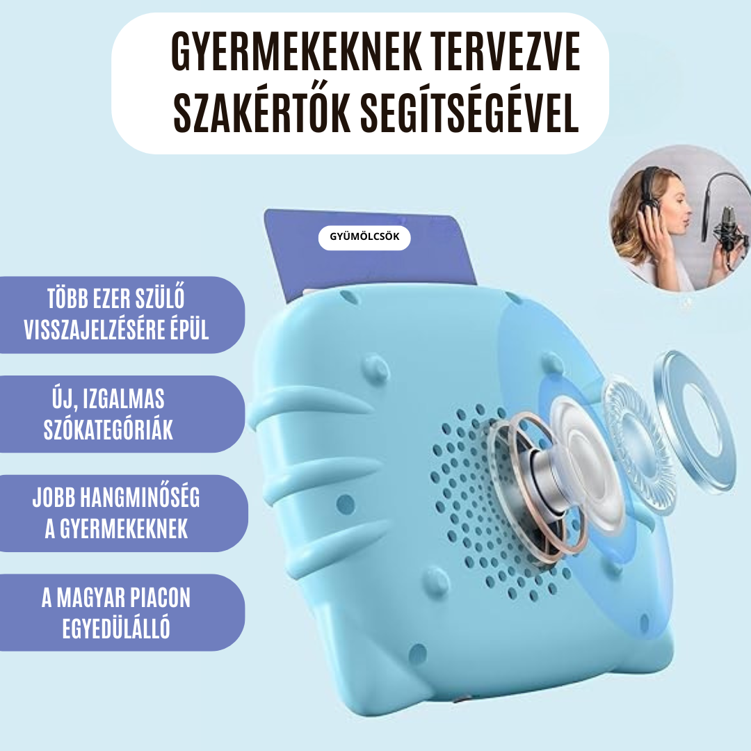A kék színű KinderSpeech beszédfejlesztő játékot bemutató kép egy behelyezett gyümölcsök szókártyával, mellette a szakértői tervezést, a jobb hangminőséget és a magyar piaci egyedülállóságot kiemelő feliratokkal.
