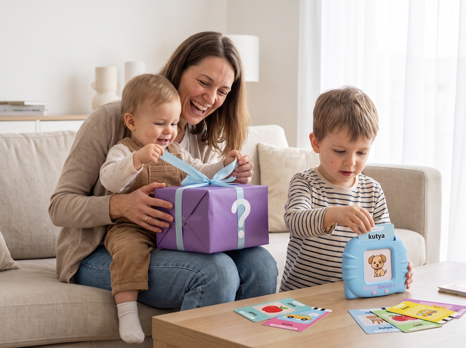 Anya ölében a kicsi a titkos ajándékot bontja, a nagytestvér a KinderSpeech-csel játszik