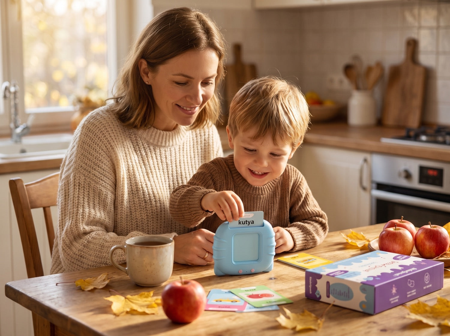 Anya és kisfia a konyhaasztalnál játszanak a KinderSpeech készülékkel