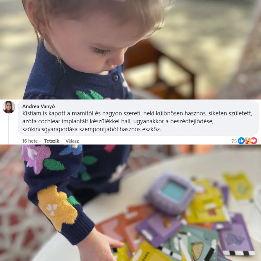 Gyermek játszik KinderSpeech beszédfejlesztő játékkal, interaktív gyerekfejlesztés színes kártyákkal.