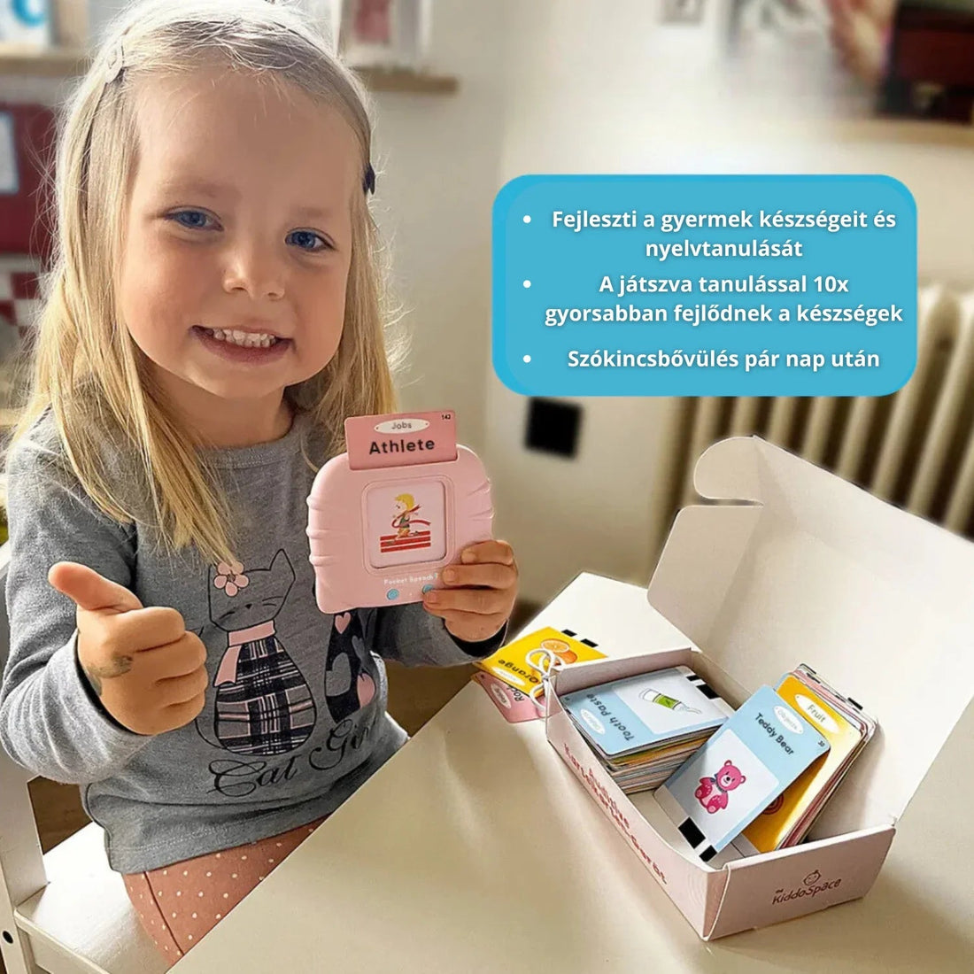 KinderSpeech beszédfejlesztő játék kislánnyal, interaktív tanulókártyák gyerekfejlesztéshez