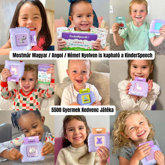 KinderSpeech beszédfejlesztő játék mosolygó gyerekekkel, interaktív oktatás, gyerekfejlesztés