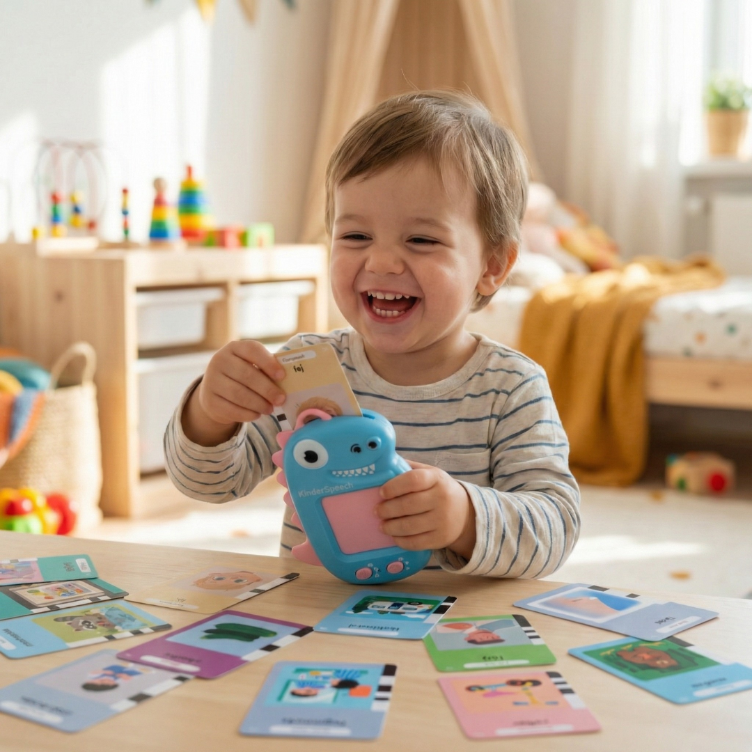 Kisfiú önfeledten játszanak a Kinderspeech szókártyákkal