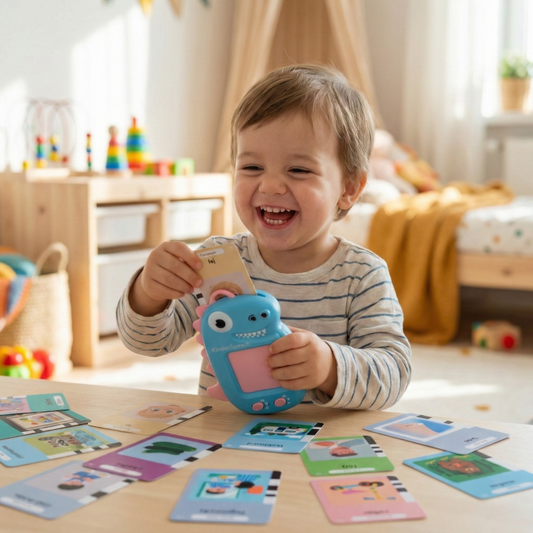 Kisfiú önfeledten játszanak a Kinderspeech szókártyákkal