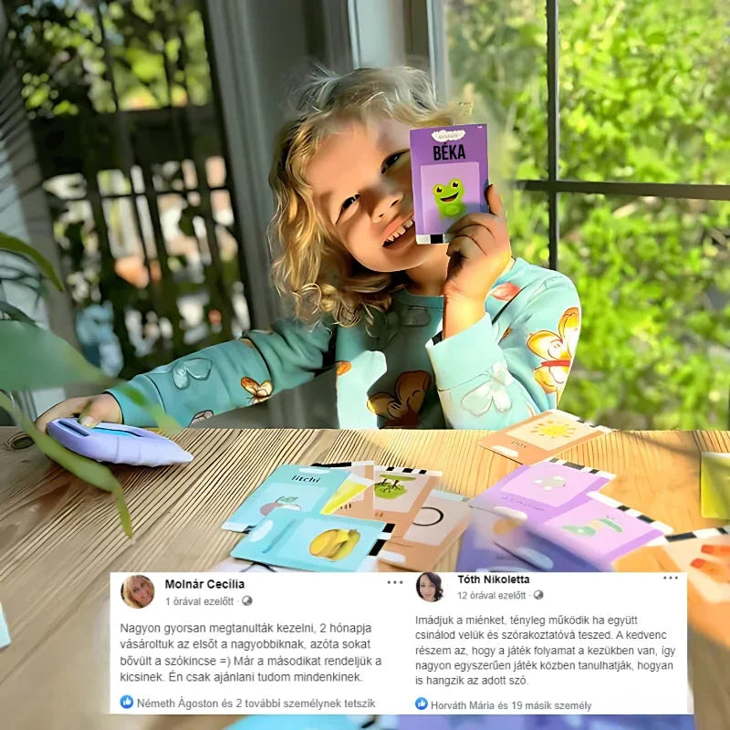 KinderSpeech beszédfejlesztő játék használata vidám kisgyermekkel, interaktív tanulás, gyerekfejlesztés