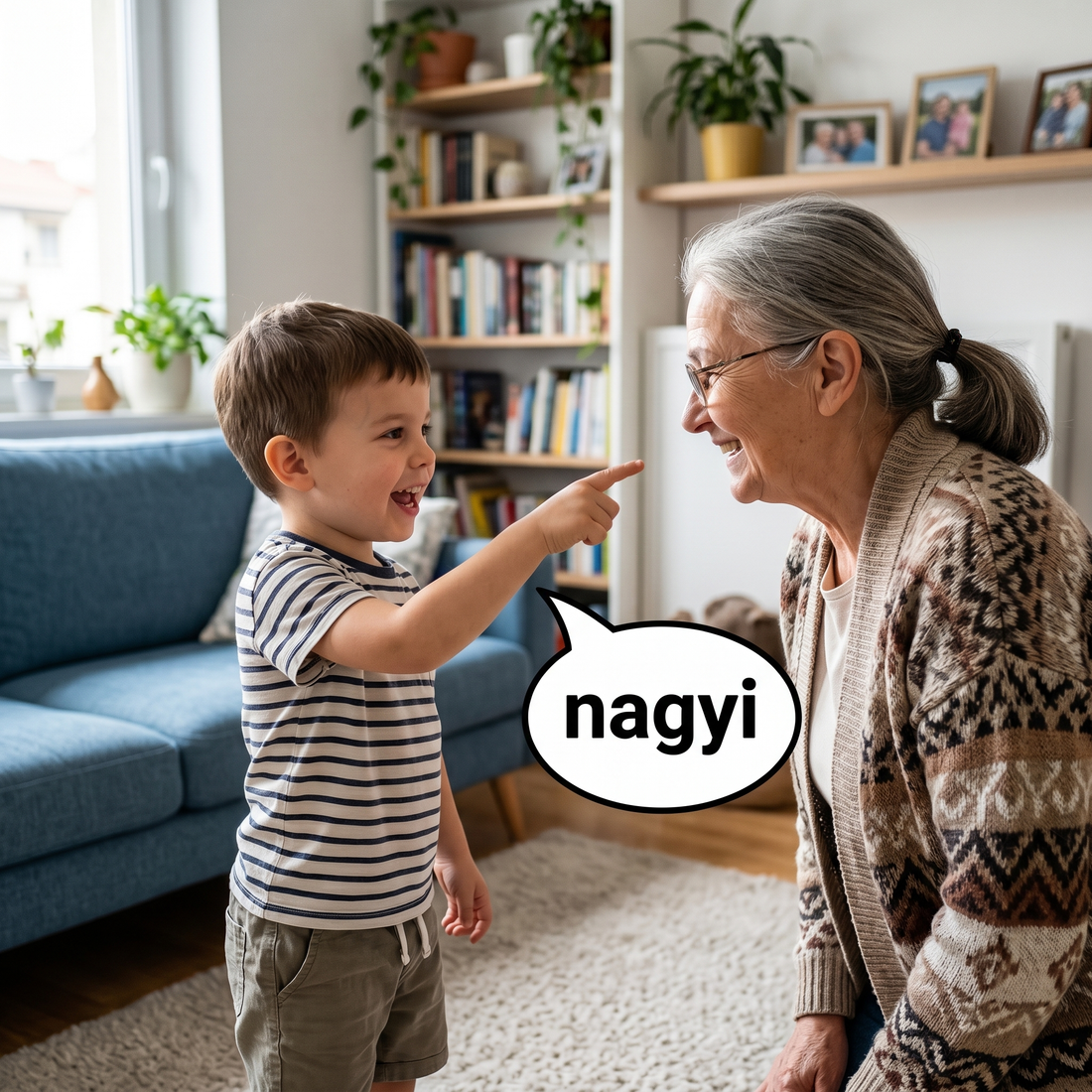 Kisfiú a nagymamájával beszélni tanúl