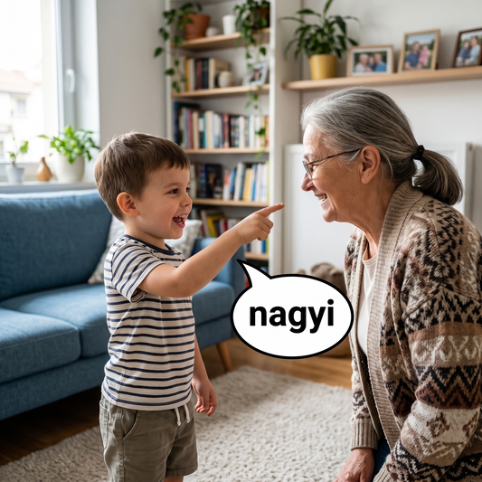 Kisfiú a nagymamájával beszélni tanúl