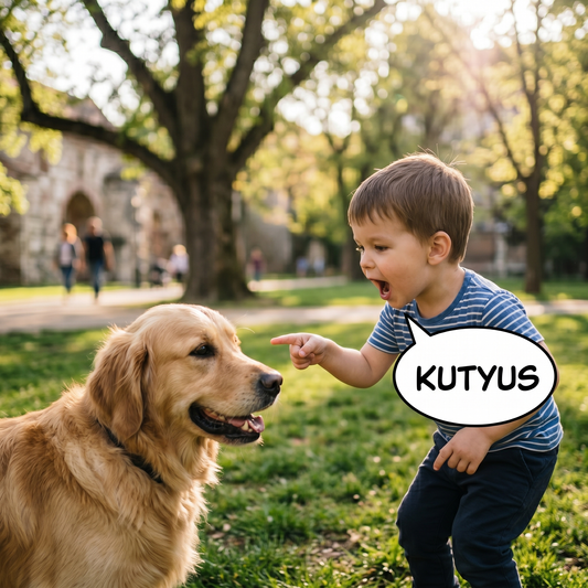 Kisfiú a szabadban lelkesen egy kutyára mutat és kimondja az első szavait, illusztrálva a sikeres beszédindítás folyamatát