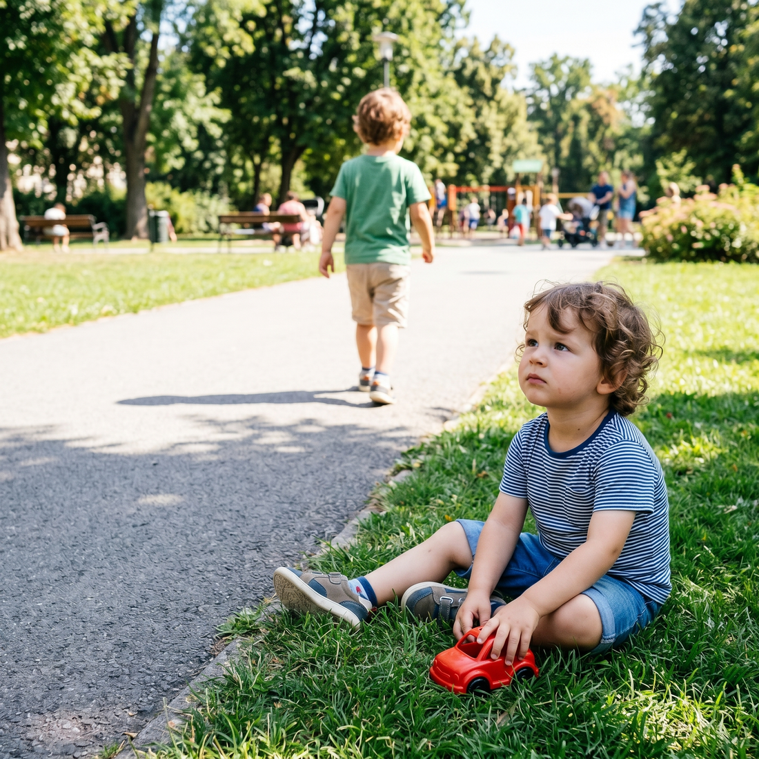 Kisfiú a parkban egyedül játszik