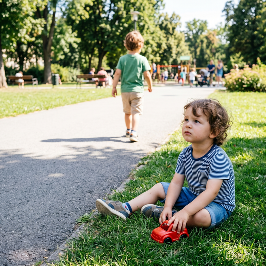 Kisfiú a parkban egyedül játszik