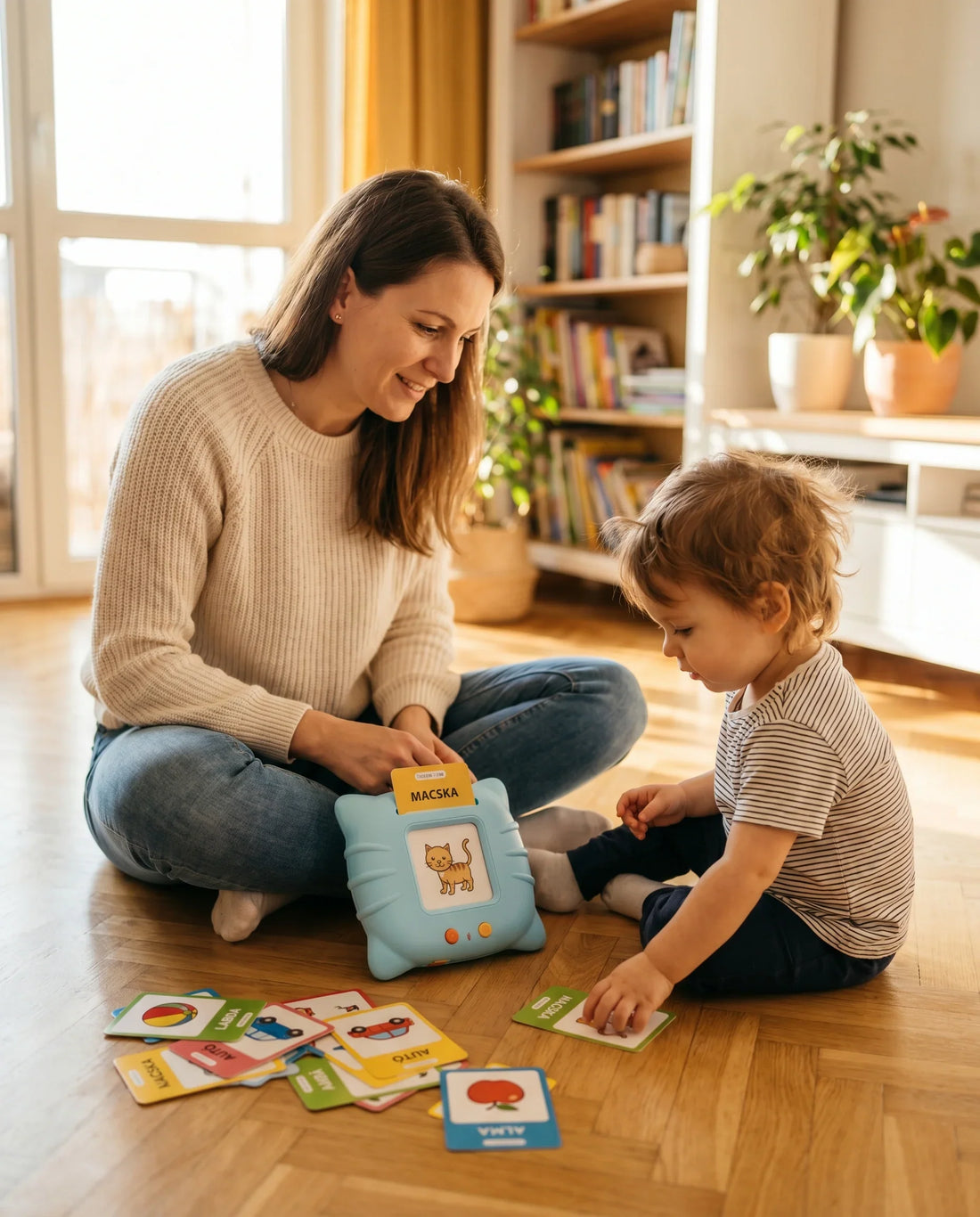 Az anyuka és a kisfia a nappaliban a fölfdön játszik a Kinderspeechel