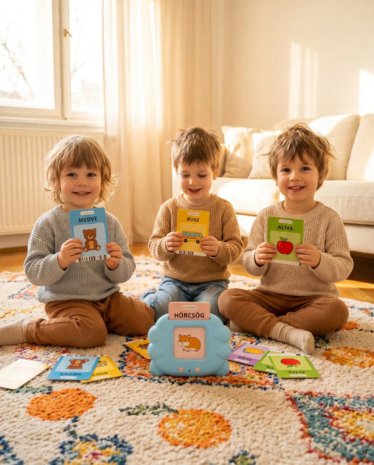 Gyerekek együtt játszanak a nappaliban a szönyegen a Kinderspeechel.