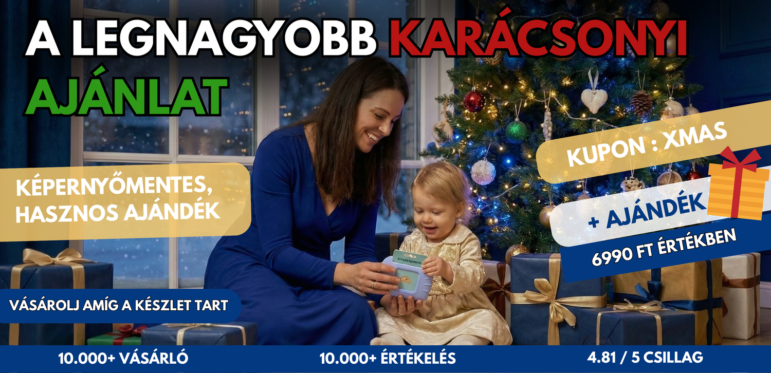 A legnagyobb karácsonyi ajánlatot hirdető széles banner egy feldíszített fenyőfa és ajándékok előtt, amelyen egy kék ruhás anyuka és kislánya látható a beszédfejlesztő játékkal.