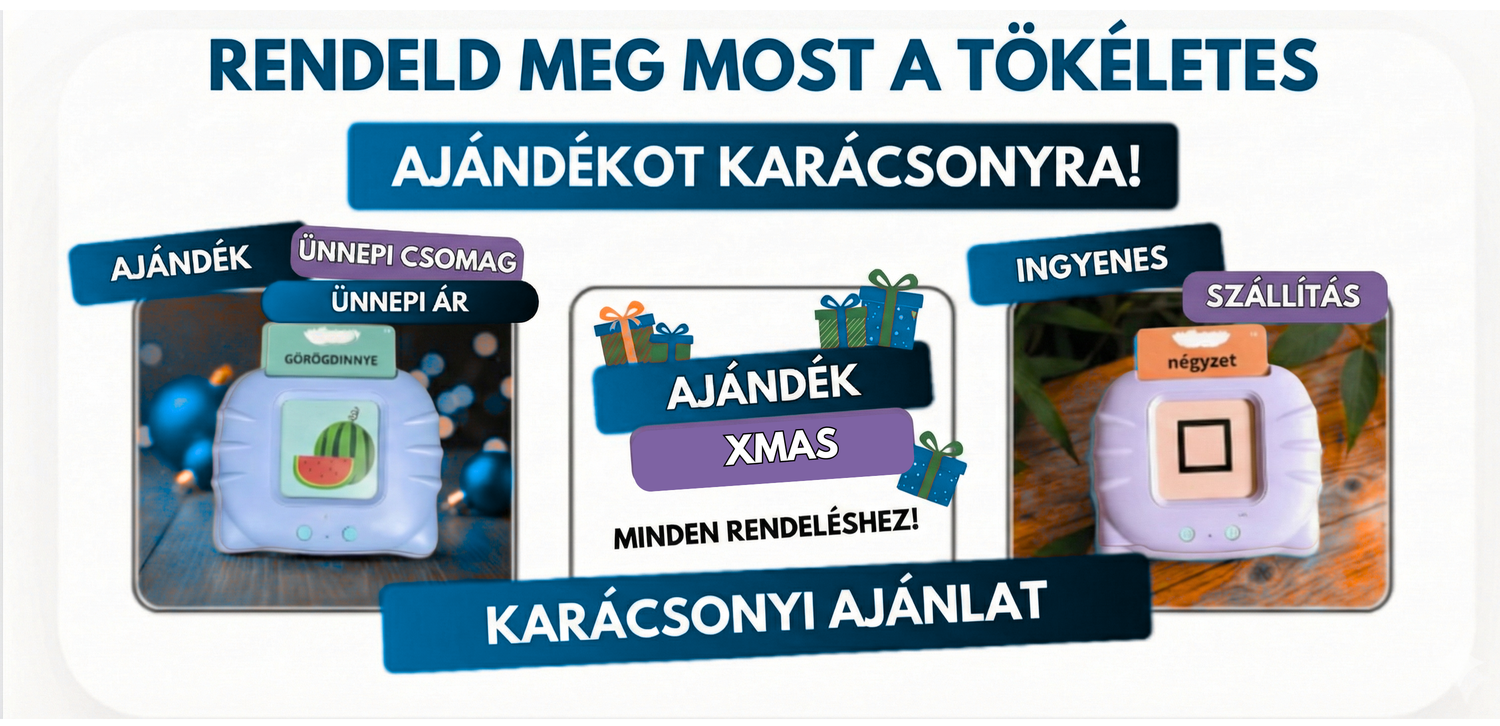 Karácsonyi ajánlatot hirdető széles banner a beszédfejlesztő játékkal, ünnepi csomaggal és ingyenes szállítással a tökéletes karácsonyi ajándékhoz.