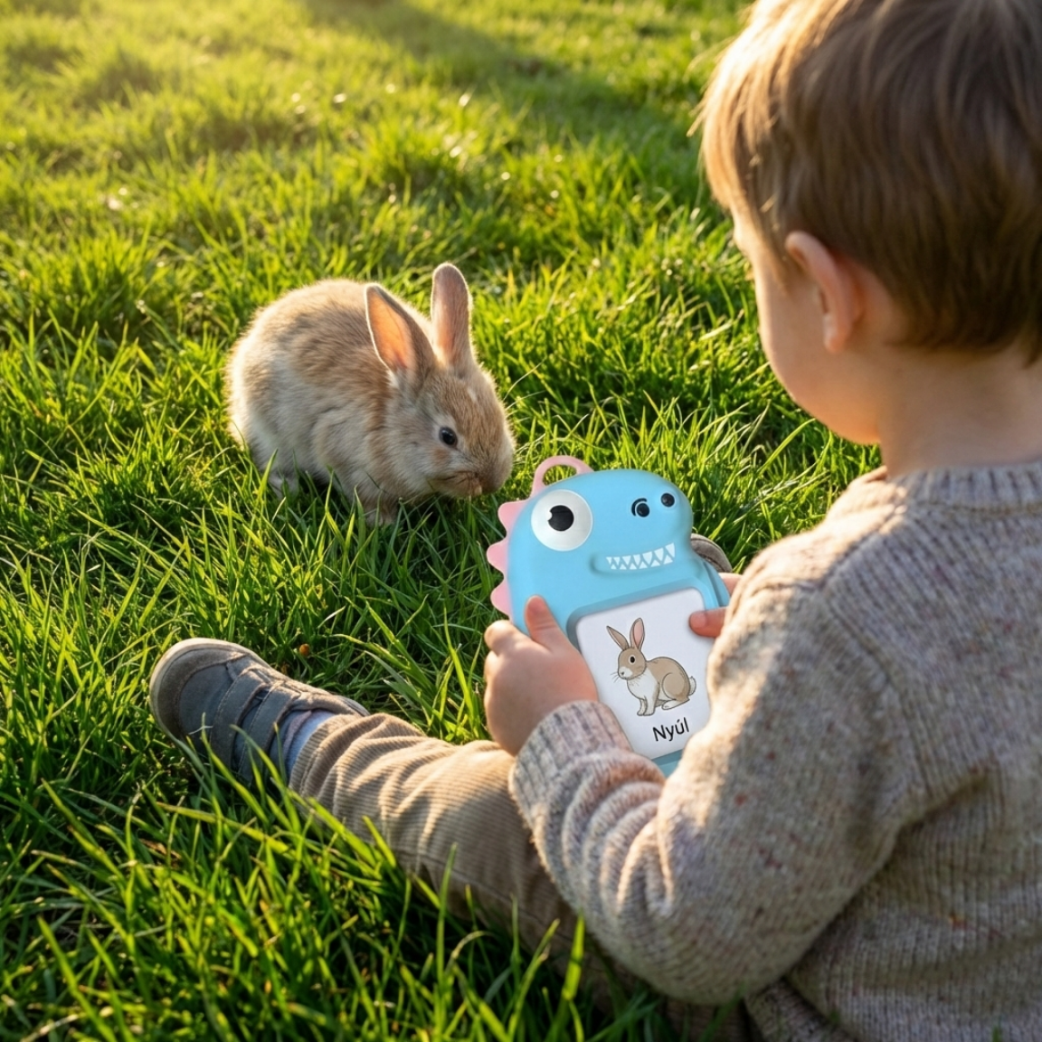 Kisfiú a fűben egy élő nyuszi mellett a KinderSpeech beszédfejlesztő játékkal és a nyulas oktatókártyával.