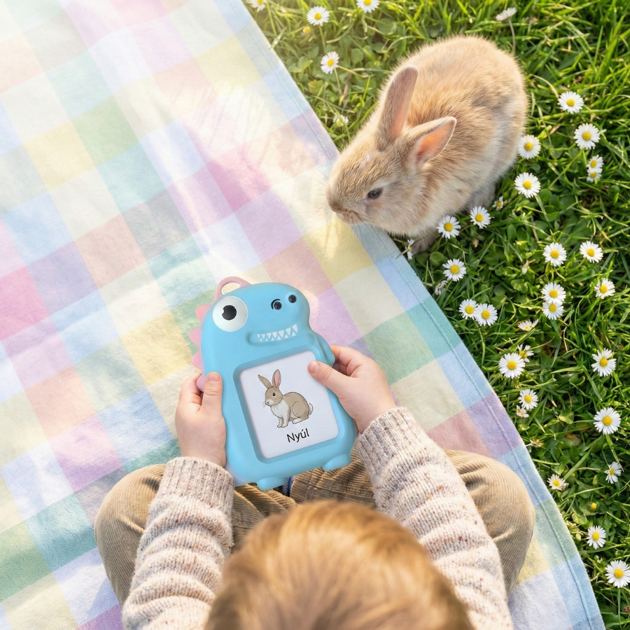 Kisfiú egy pokrócon ülve a KinderSpeech beszédfejlesztő játékkal, mellette a fűben egy élő nyuszival.