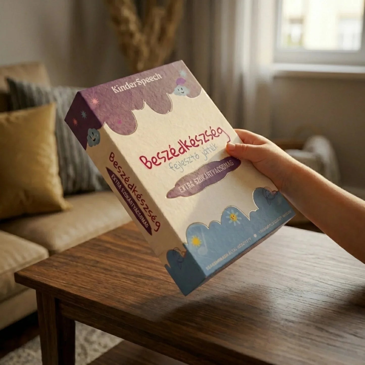 KinderSpeech beszédfejlesztő játék doboza gyerekfejlesztéshez, interaktív tanulás