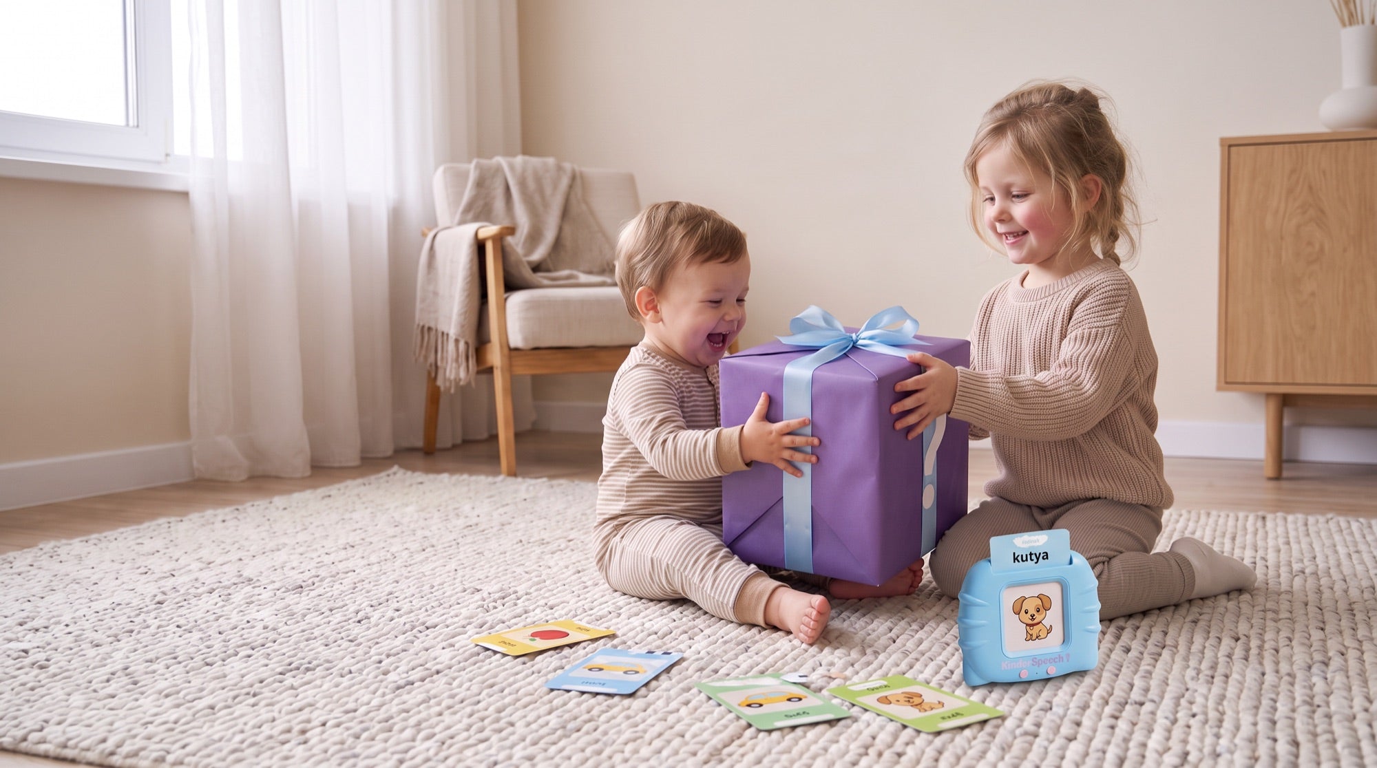Nagylány átadja a titkos ajándékot a kistesójának, mellettük a KinderSpeech készülék