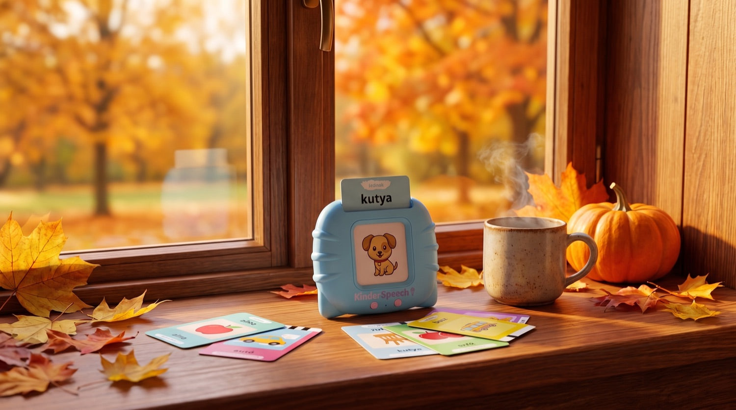 KinderSpeech készülék és szókártyák egy ablakpárkányon