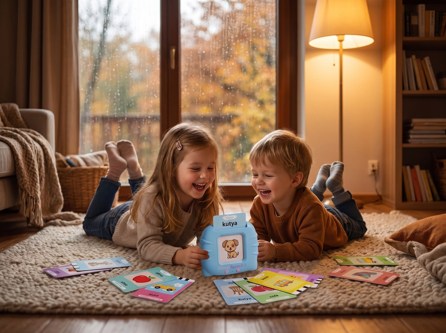 Két testvér esős őszi napon a szőnyegen játszik a KinderSpeech készülékkel