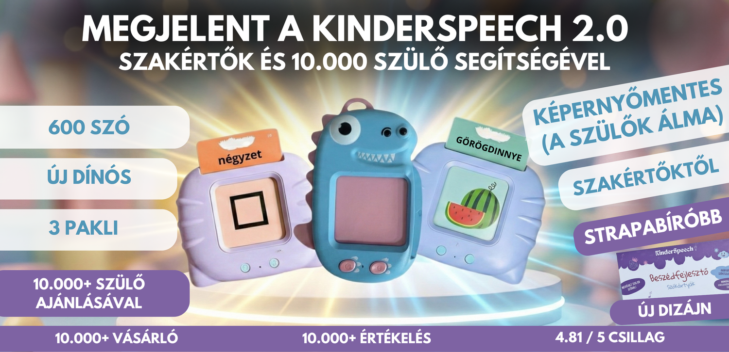 A KinderSpeech 2.0 megjelenését hirdető széles promóciós banner, amelyen a különböző színű és formájú beszédfejlesztő gépek és oktatókártyák láthatóak a termék főbb előnyeivel és értékeléseivel.