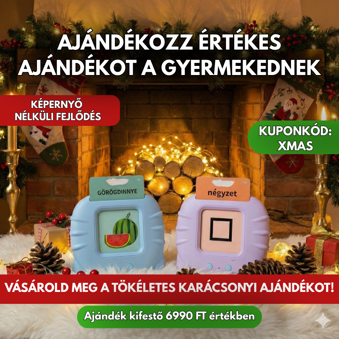 Karácsonyi promóciós banner egy ünnepi hangulatú, kivilágított kandalló előtt, amelyen két beszédfejlesztő gép látható oktatókártyákkal, kuponkóddal és ajándék kifestő ajánlattal.