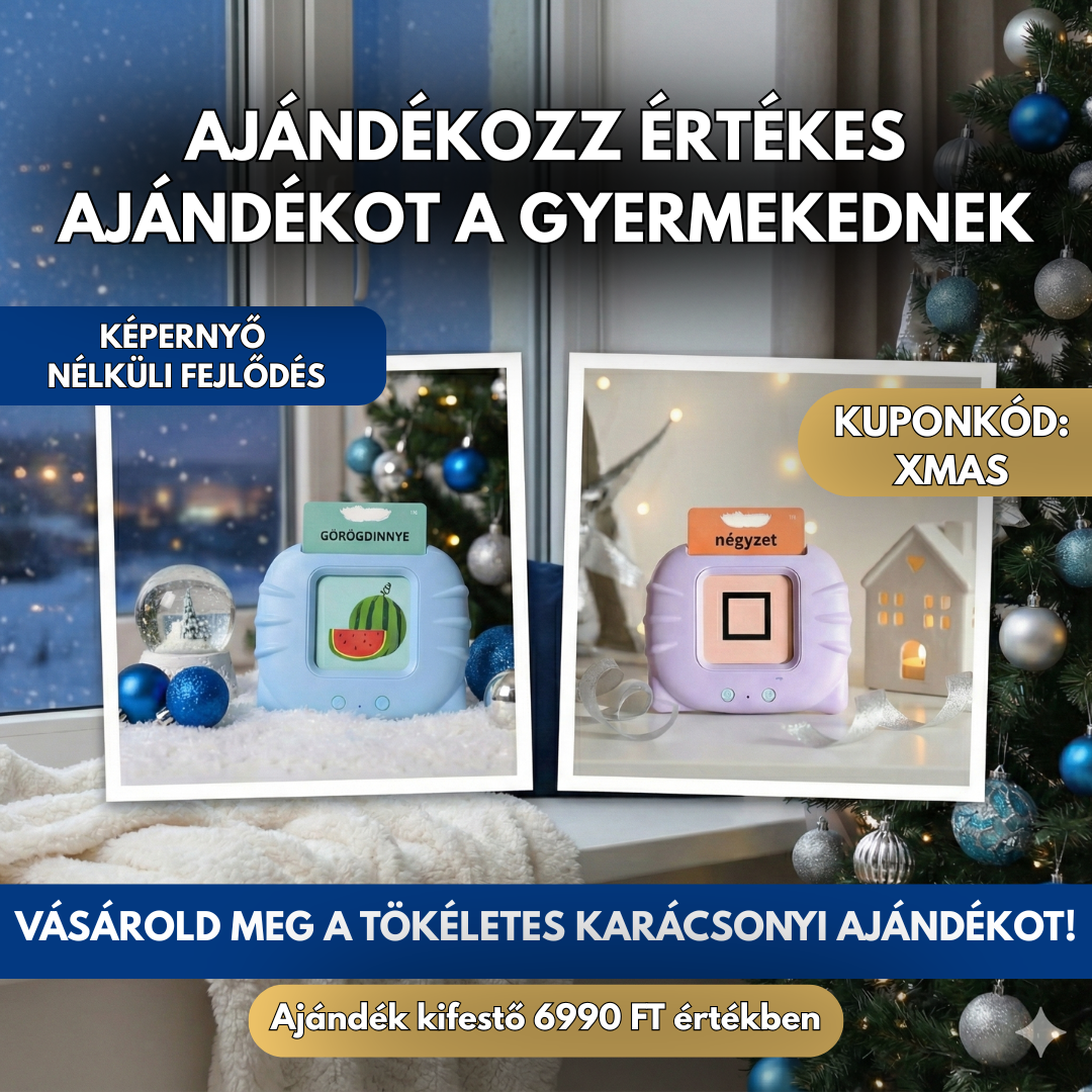 Karácsonyi promóciós banner, amely értékes, képernyőmentes ajándékként hirdeti a beszédfejlesztő játékot, kuponkóddal és ajándék kifestővel a feldíszített fenyőfa mellett.