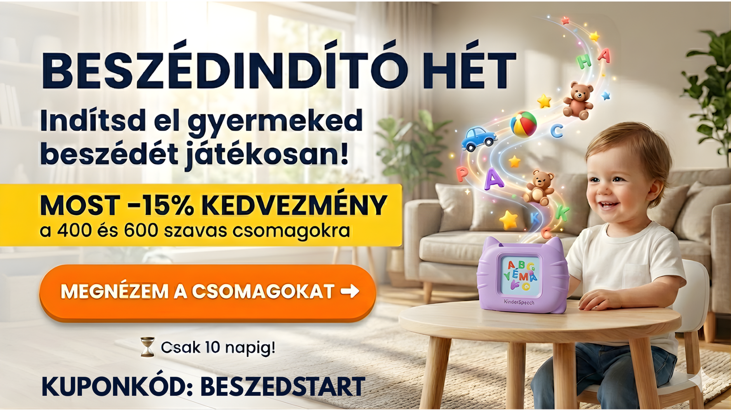 KinderSpeech Beszédindító Hét promóciós banner 15% kedvezménnyel és beszédfejlesztő játékkal játszó kisfiúval.